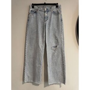 Gap Low Stride Jeans Womens 28 6 R Light Wash Distressed Raw Hem Wide Leg